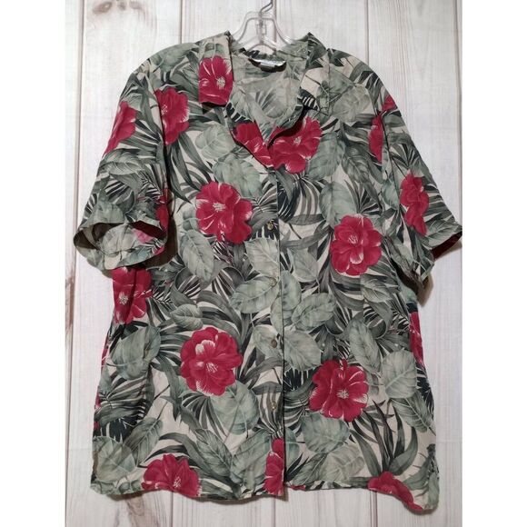 Dressbarn Shirt Ladies 2x Army Green Red Floral Button Front Short Sleeve 100% S - Picture 1 of 6